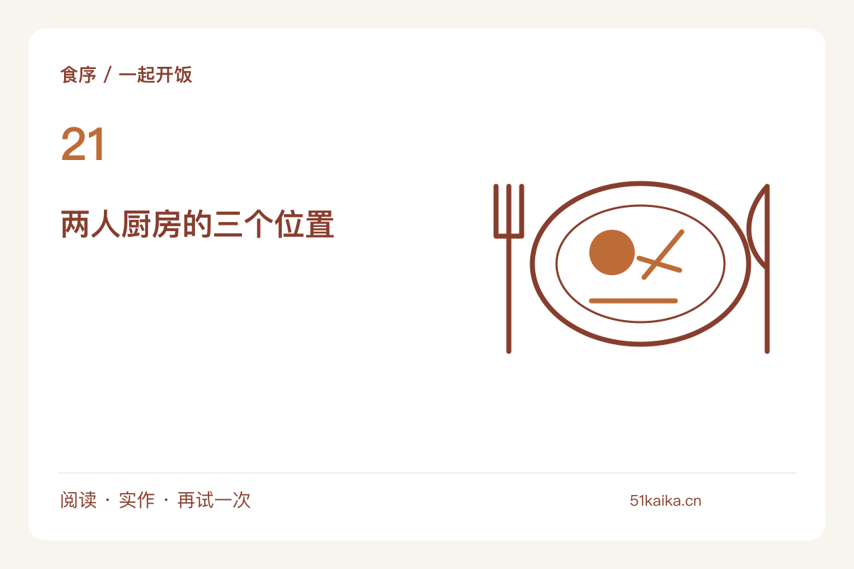 小厨房两个人一起做饭，划分切配与热锅位置主题图解
